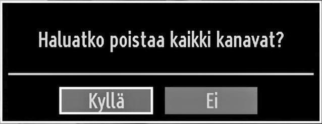 Valitse digitaaliantenni tai kaapeli ja paina OK-painiketta jatkaaksesi. Seuraava viesti tulee esiin. Valitse KYLLÄ jatlaaksesi, valitse Ei peruuttamiseksi. Voit valita taajuusalueet tästä ruudusta.