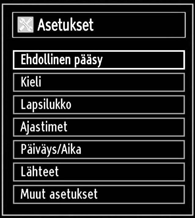 TV:si asetusten konfigurointi Yksityiskohtaiset asetukset voidaan konfiguroida henkilökohtaisten mieltymystesi mukaan. Paina MENU -painiketta ja valitse Asetukset-kuvake tai painiketta käyttämällä.