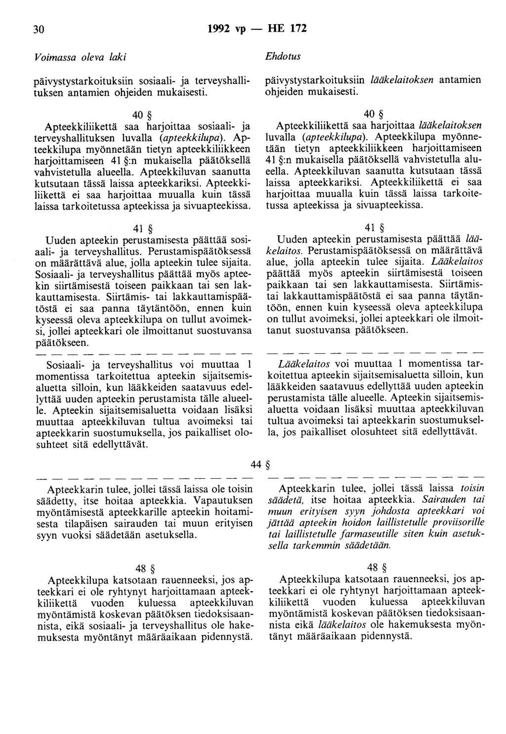 30 1992 vp- HE 172 Voimassa oleva laki päivystystarkoituksiin sosiaali- ja terveyshallituksen antamien ohjeiden mukaisesti.