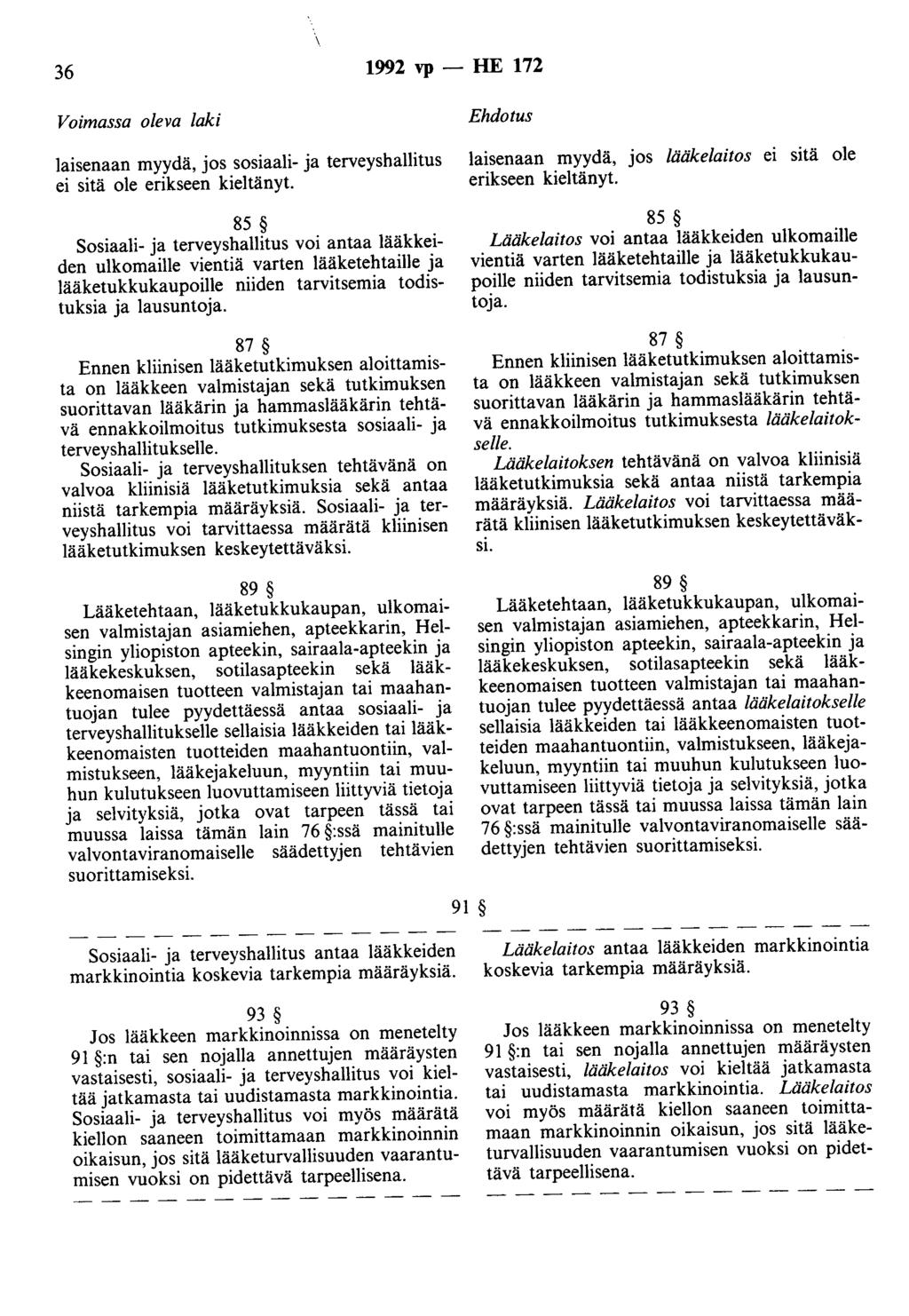 36 1992 vp- HE 172 Voimassa oleva laki laisenaan myydä, jos sosiaali- ja terveyshallitus ei sitä ole erikseen kieltänyt.