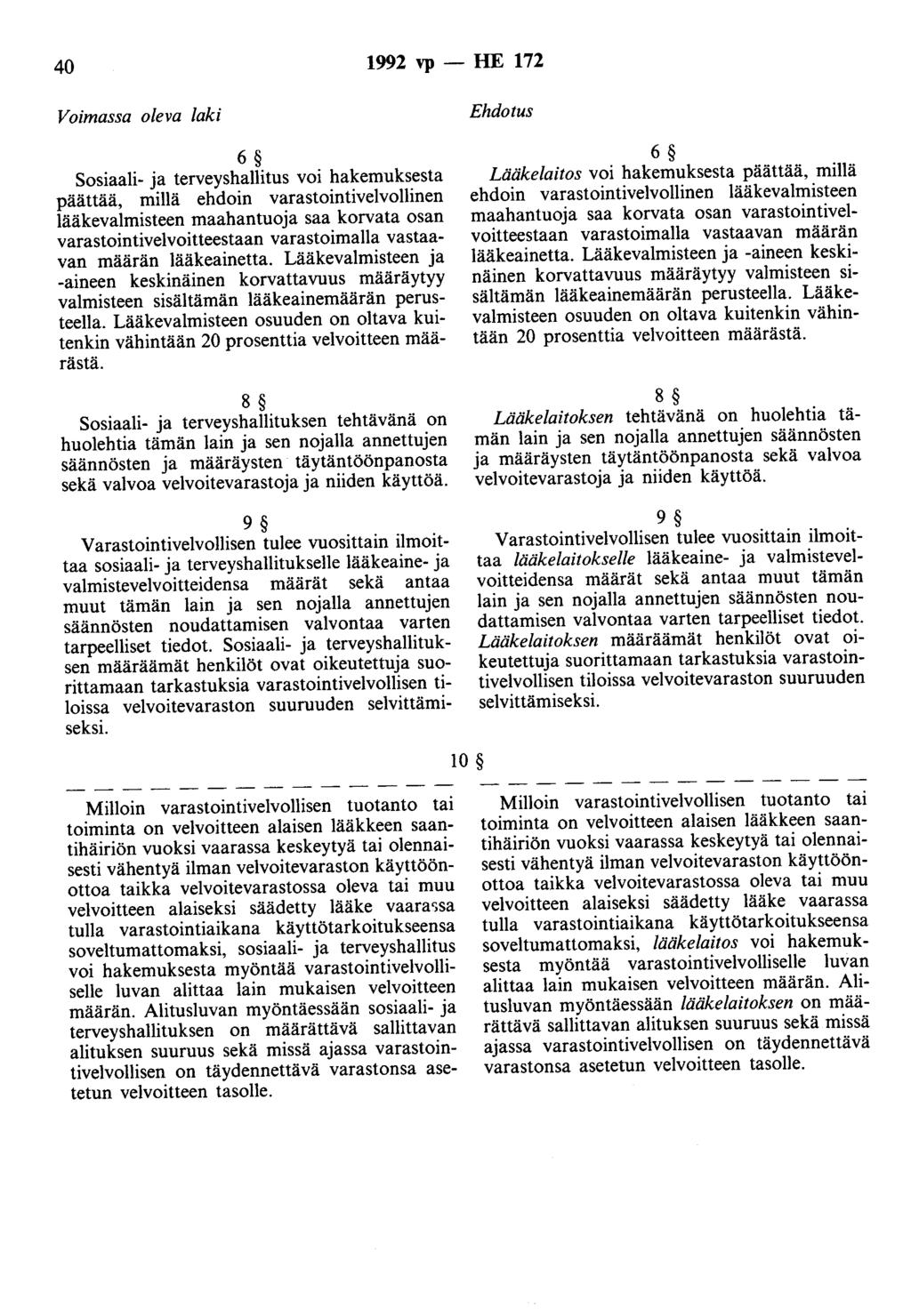 40 1992 vp - HE 172 Voimassa oleva laki 6 Sosiaali- ja terveyshallitus voi hakemuksesta päättää, millä ehdoin varastointivelvollinen lääkevalmisteen maahantuoja saa korvata osan