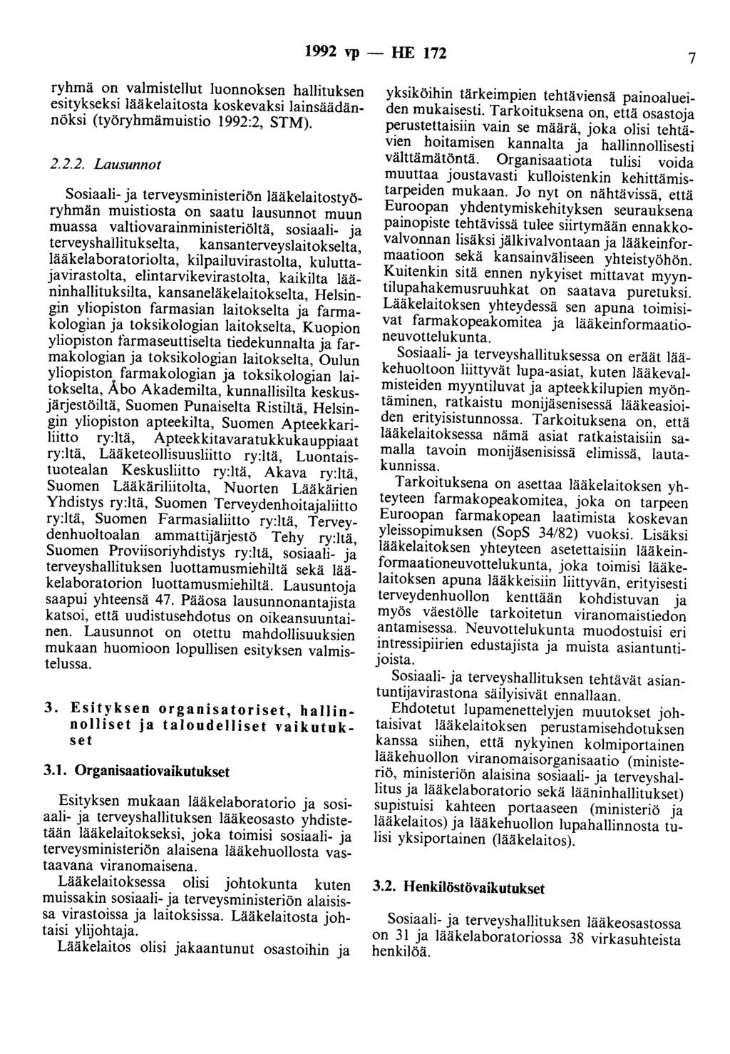 1992 vp - HE 172 7 ryhmä on valmist~llut luonnokse~ h~lli~~k~en esitykseksi lääkelaitosta koskevaksi lamsaadannöksi (työryhmämuistio 1992:2, STM). 2.2.2. Lausunnot Sosiaali- ja terveysministeriön