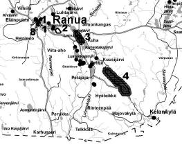 PÖYRY ENVIRONMENT OY Sivu 19 (39) Kuva 3. Ranuan kulttuuriympäristöt, karttaote, Lähde: Maakuntakaavan selostus, sivu 50. Kohdenumero 3. Kuhan kylä, kohdenumero 4. Kuukasjärven kylä.