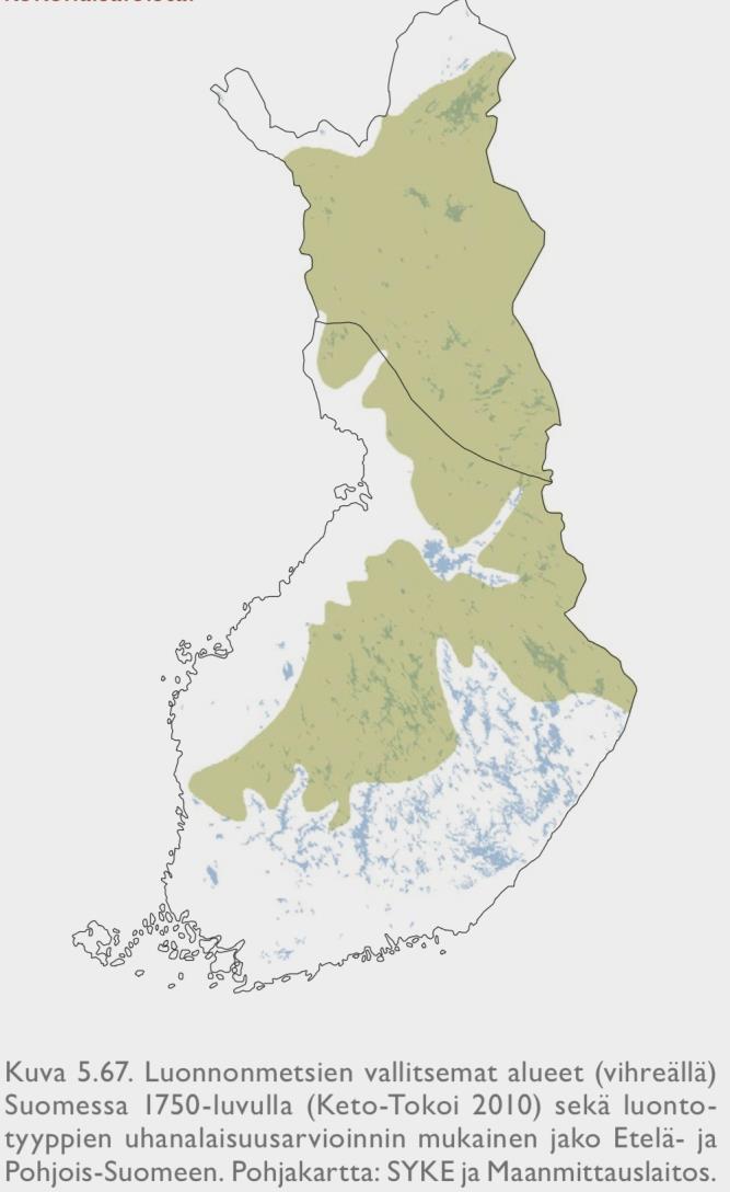 Pitkäaikaisen muutoksen arviointi (kriteerit A3 ja D3) Kangasmetsät, pinta-alan ja laadun muutokset Pohjois-Suomessa metsät pääosin luonnontilassa 1750