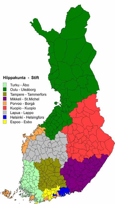 SUOMEN HIIPPAKUNNAT KUNTARAJOJEN 2012 MUKAAN STIFTEN I FINLAND ENLIGT KOMMUNGRÄNSERNA 2012 Hiippakunta - Stift Turku - Åbo Oulu - Uleåborg Tampere - Tammerfors