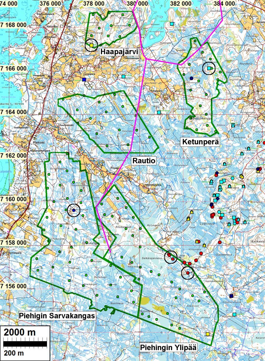 3 muinaisjäännöksiä ei voimajohtolinjalta löydetty. Tuulipuistojen alue on pääosin 15-25 m korkeustasoilla, Piehingin ylipäässä 30-40 m tasoilla.