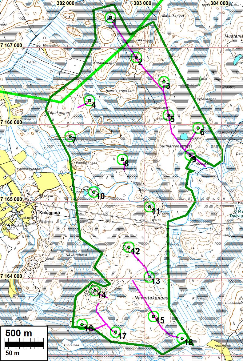 7 Ketunperä Alue 20-35 m korkeusvälillä. Maasto hyvin kivikkoista ja monin paikoin metsä nuorta ja tiheää, pusikkoista. Arkeologin kannalta lähes kauttaaltaan kurjaa maastoa.