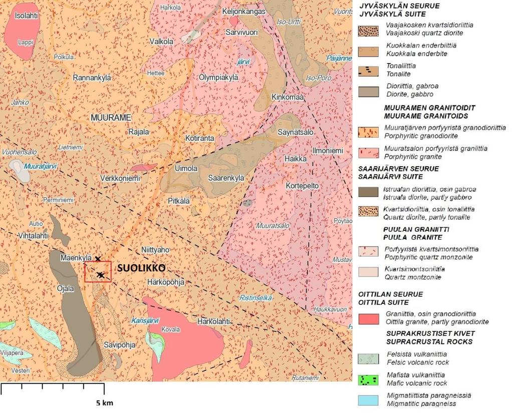 Kuva 3. Suolikon ympäristön geologia (Mikkola ja muut 2016). Kairareikien sijainti merkitty rastilla (sisältää Maanmittauslaitoksen Maastotietokannan aineistoa 04/2016).