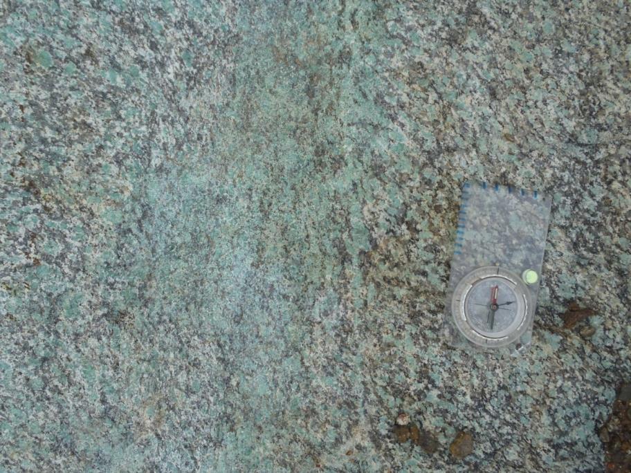 Kuva 15. Runsasta amatsoniittia hiertyneessä porfyyrisessä graniitissa. Keskimääräistä voimakkaampi vihreä väri esiintyy vain kiven pintaosassa ja kivi on syvemmällä vaaleampaa. Havaintokohde PIM$-11.