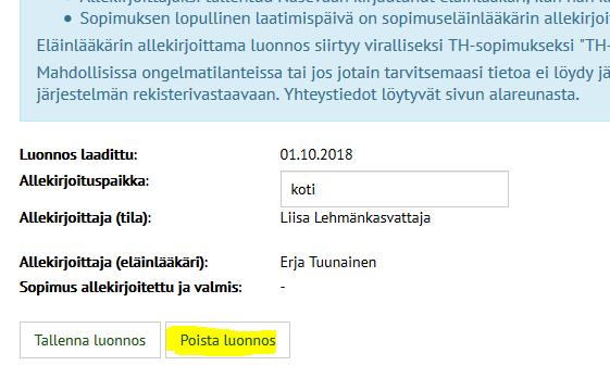 Luonnoksen muokkaus tapahtuu siirtymällä uudelleen muokkausnäytölle painikkeella TH-sopimuksen uusiminen ja luonnoksen muokkaus.