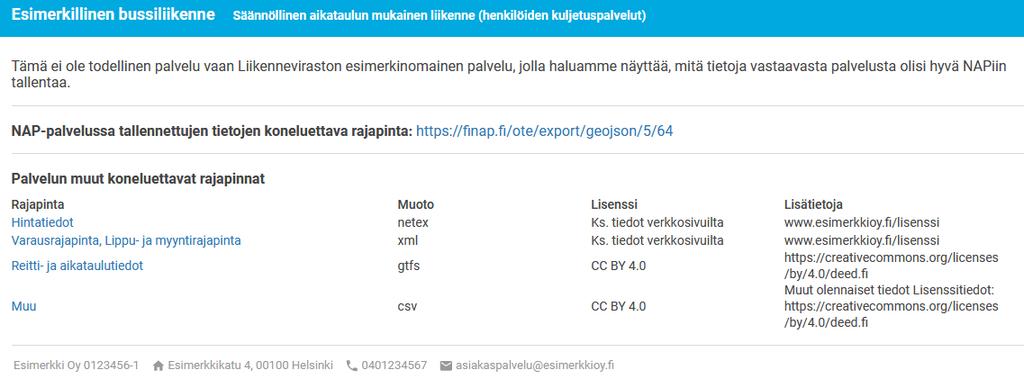 NAP palvelukatalogin näkymä - esimerkki