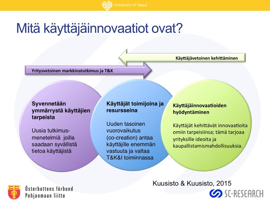 Yllä on kuvattu kolme peruslähestymistapaa, joilla käyttäjät voivat osallistua yritysten innovaatiotoimintaan ja vaikuttaa kehitettäviin innovaatioihin.