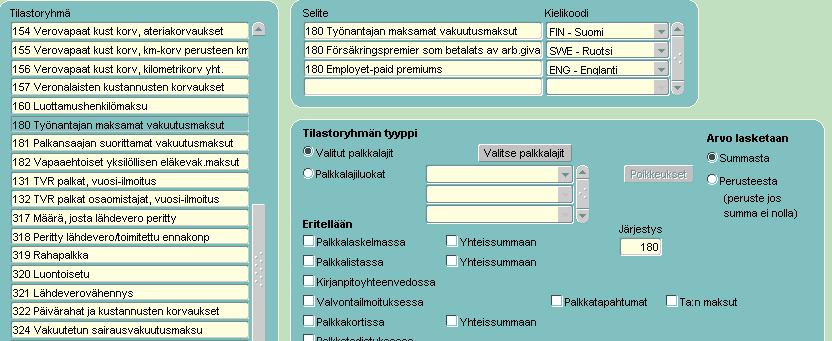 Ilmoituksen kenttä johon tilastoryhmä on kytketty: 150 Verovapaat kust.korv.,päivärahat ja ateriakorv 151 Verovapaat kust.