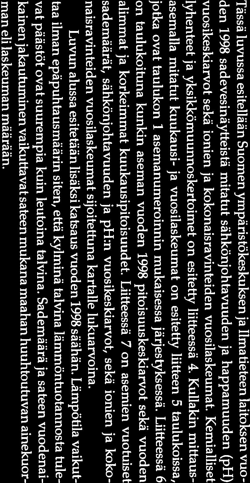 Liitteessä 6 on taulukoituna kunkin aseman vuoden 1998 pitoisuuskeskiarvot sekä vuoden den 1998 sadevesinäytteistä mitatut sähkönjohtavuuden ja happamuuden (ph) vuosikeskiarvot sekä ionien ja