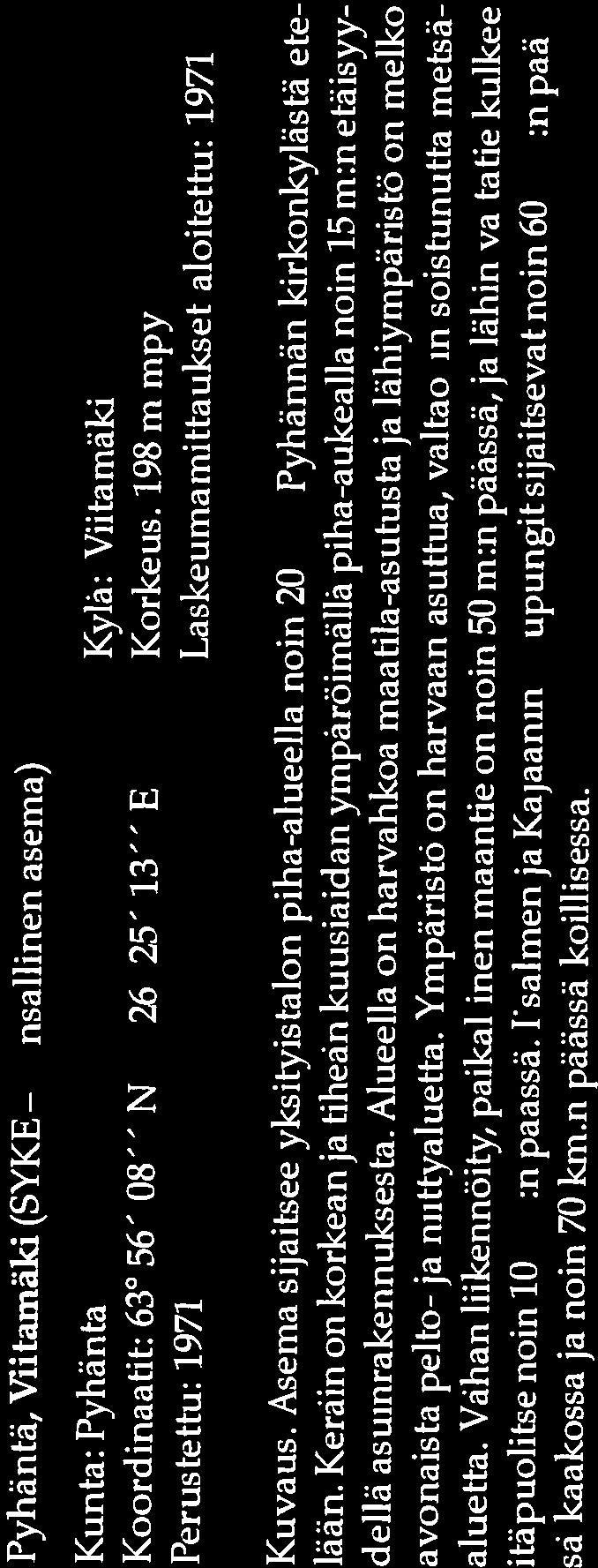 s - kansallinen Kunta: Pyhantä Kylä: Viitamäki Koordinaatit: 63 56 $ N 26 25 13 E Korkeus: 19$ rn mpy Perustettu: 1971 Laskeumamittaukset aloitettu: 1971 Kuvaus: Asema sijaitsee