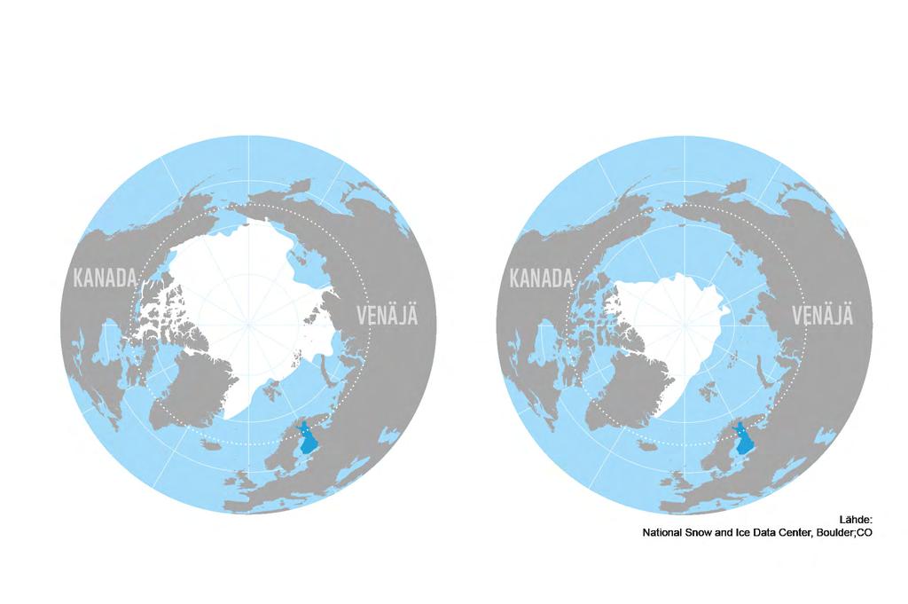 Arktinen jää syyskuussa v. 1980. Arktinen jää syyskuussa v. 2012.