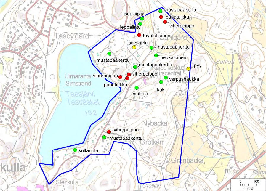 T6 Itä-Taasjärvi ja K8 B Hiekkamäki. Asemakaavojen luontoselvitys. Kuva 12. Huomionarvoisten lintulajien havaintopaikat Itä-Taasjärven selvitysalueella vuoden 16 lintulaskennoissa.