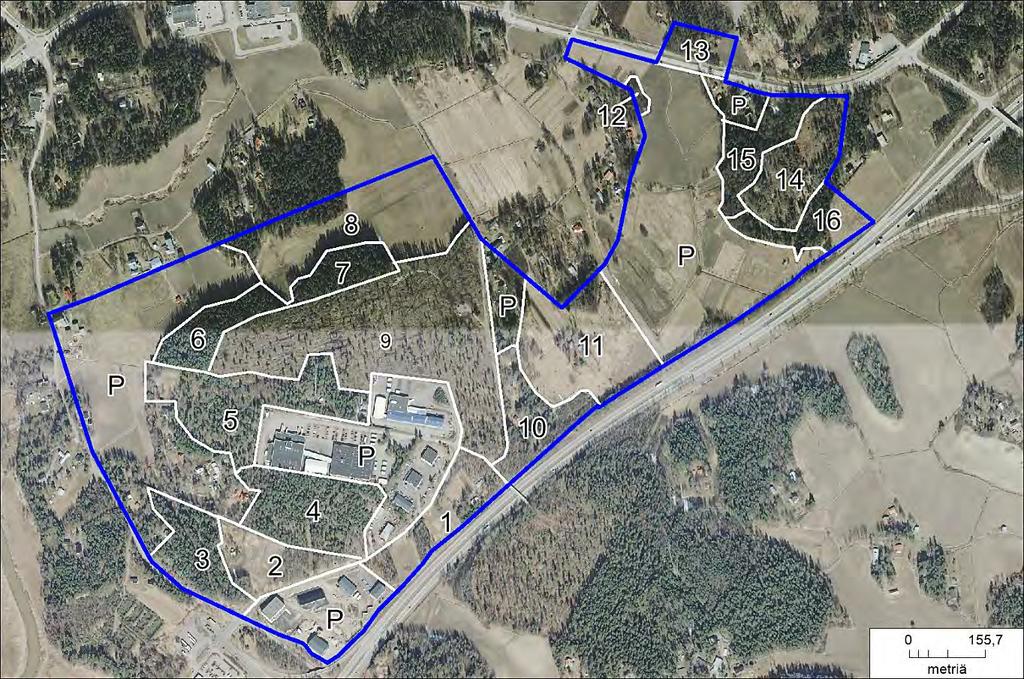 T6 Itä-Taasjärvi ja K8 B Hiekkamäki. Asemakaavojen luontoselvitys. Kuva. Hiekkamäen selvitysalueen osa-aluekuviot. P = pihamaa tai pelto, jonka kasvillisuutta ei inventoitu. Kuvio 4.