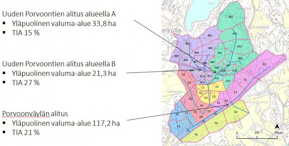 Mitoitus Hiekkamäentien alueen tulevan rakentamisen oletettiin muodostuvan pinnoiltaan seuraavasti: % kattoa % asfalttia 30 % puustoa 30 % nurmea äpäisemättömyys ~40 % Uuden Porvoontien