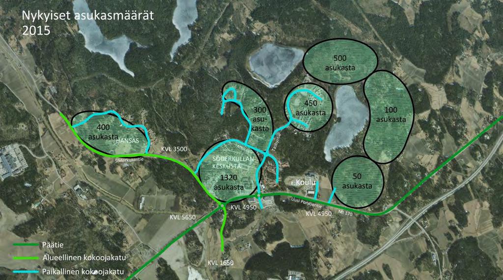 Sipoon Söderkullan liikenteellinen selvitys 17.6. 3 (18) Kuva 1. Söderkullan alueen nykytilanne ; katuluokat, KV 14 ja asukasmäärät.