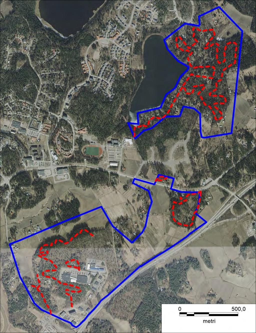 T6 Itä-Taasjärvi ja K8 B Hiekkamäki. Asemakaavojen luontoselvitys. Kuva 2. epakkoselvityksen kartoitusreitit (punaiset katkoviivat) selvitysalueilla.
