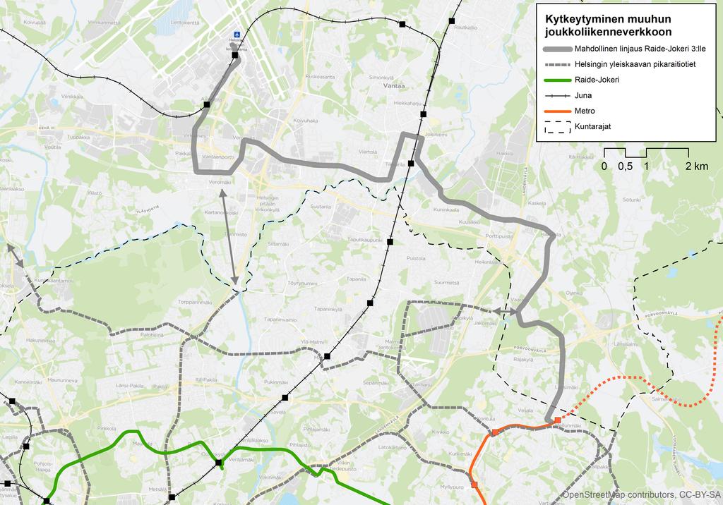 2.2 JOUKKOLIIKENNEJÄRJESTELMÄ Raide-Jokeri 3 kytkeytyy muuhun joukkoliikennejärjestelmään etenkin Helsingin raitiotieverkoston ja muun raideliikenteen kautta.