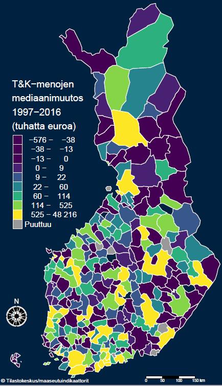 Tutkimus- ja kehittämismenot ovat Suomessa keskittyneet kaupunkeihin Lähde: Lehtonen ym. 2018. Muuttuja Kuntaryhmitys Kaupunki-maiset kunnat Taajaan asutut kunnat Maaseutu-maiset kunnat Koko maa Milj.