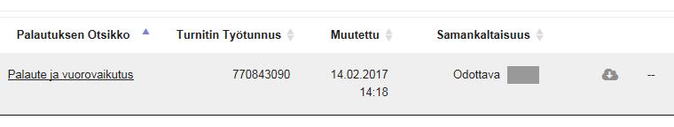 Miten Turnitinia käytetään Kun raportti ei ole vielä valmis, näkyy Samankaltaisuus-kohdassa Odottava.