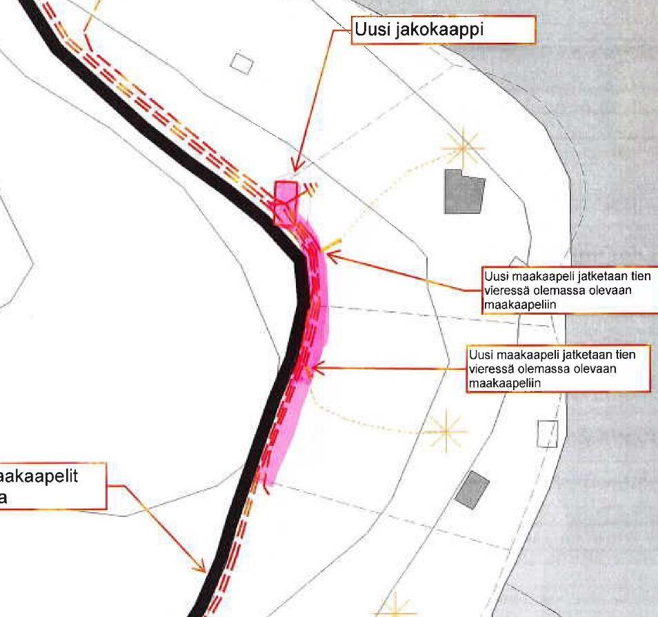 4 Pirkanmaan maakuntamuseon antaman lausunnon liitekartta, johon valvonnassa kaivettava linjan osuus on merkitty vaalean punaisella värillä.