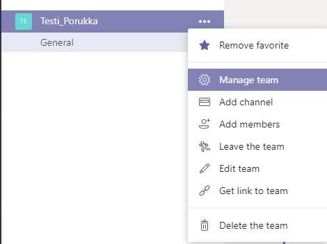 Erot oikeuksissa: Member / Owner Jäsenenä: Voi tarkastella, ketä jäseniä kuuluu tiimiin Lisää kanava Poistu tiimistä Linkki tiimille