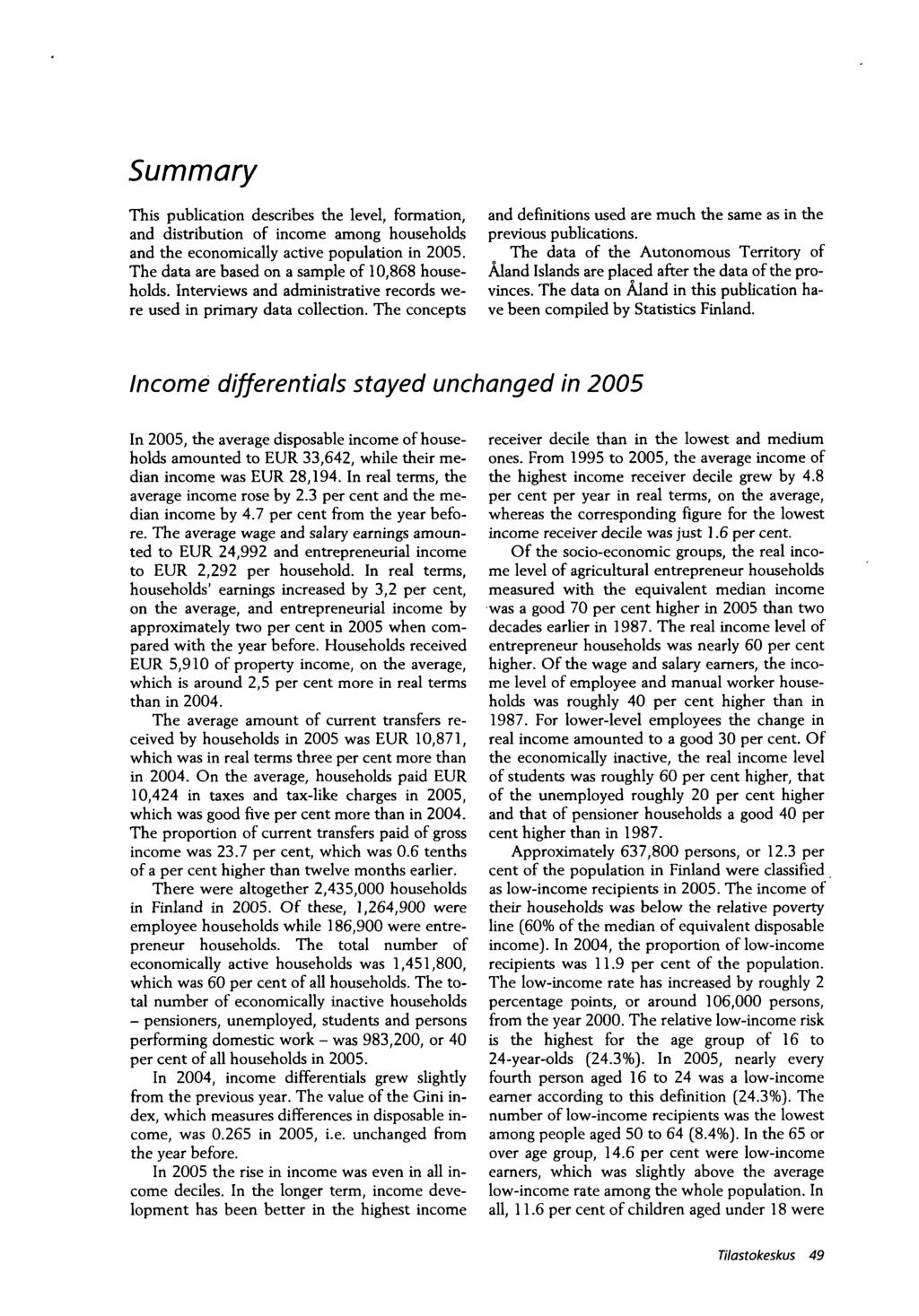 Summary This publication describes the level, formation, and distribution of income among households and the economically active population in 2005.