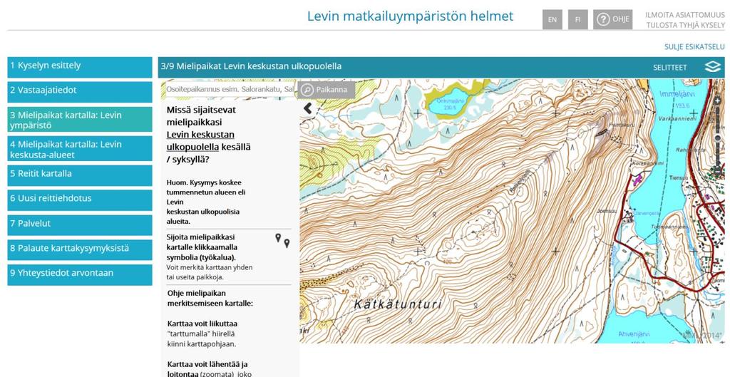 Kuva 1. PPGIS-karttakysely Levin matkailijoille. Mielipaikat Mielipaikkoja oli merkitty karttaan kaikkiaan 299 kappaletta (kuva 2).