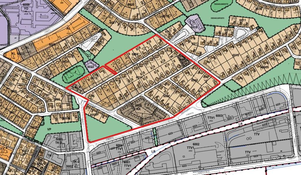 Somerontien, Mäkikadun ja Hongistontien rajaama metsäalue on merkitty puistoalueeksi. Vaikutusten arviointi Kuva 8. Suunnittelualue rajattuna punaisella ajantasa-asemakaavalla.