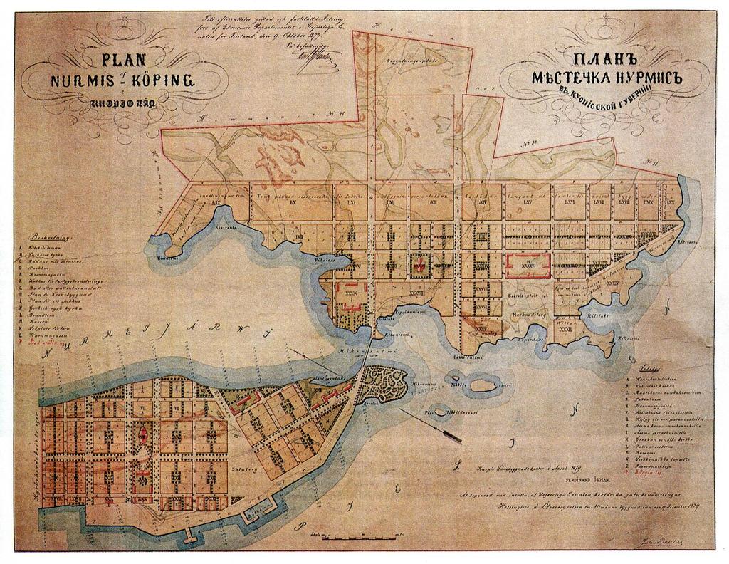 NURMES - Kauppalaksi 1876, maa-ala erotettiin Nurmeksen pitäjästä - Asemakaava (1879) Julius Basilier - Puistoja - Paloturvallisuus -> leveät kadut, väljä rakentaminen ja