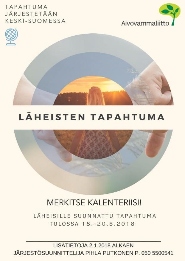 9 Läheisten tapahtuma Läheisille suunnattu hyvinvointiviikonloppu järjestetään 18.-20.5.2018 kylpylähotelli Peurungassa. Tarjoamme läheisille irtiottoa arjesta luonnonkauniissa ympäristössä.