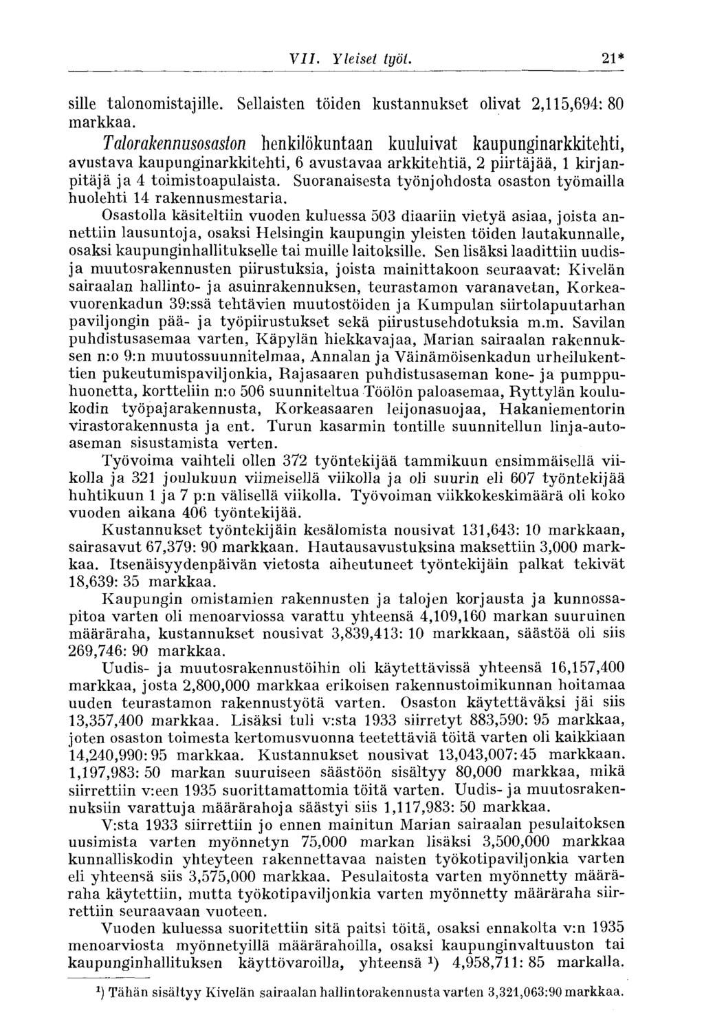 VII. Yleiset työt. 21* sille talonomistajille. Sellaisten töiden kustannukset olivat 2,115,694:80 markkaa.