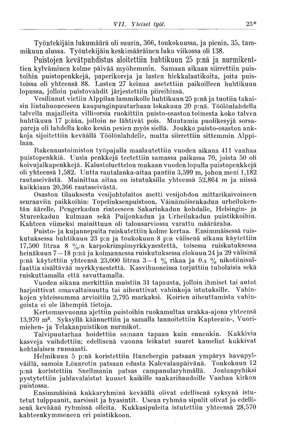 VII. Yleiset työt. 25* Työntekijäin lukumäärä oli suurin, 366, toukokuussa, ja pienin, 35, tammikuun alussa. Työntekijäin keskimääräinen luku viikossa oli 138.