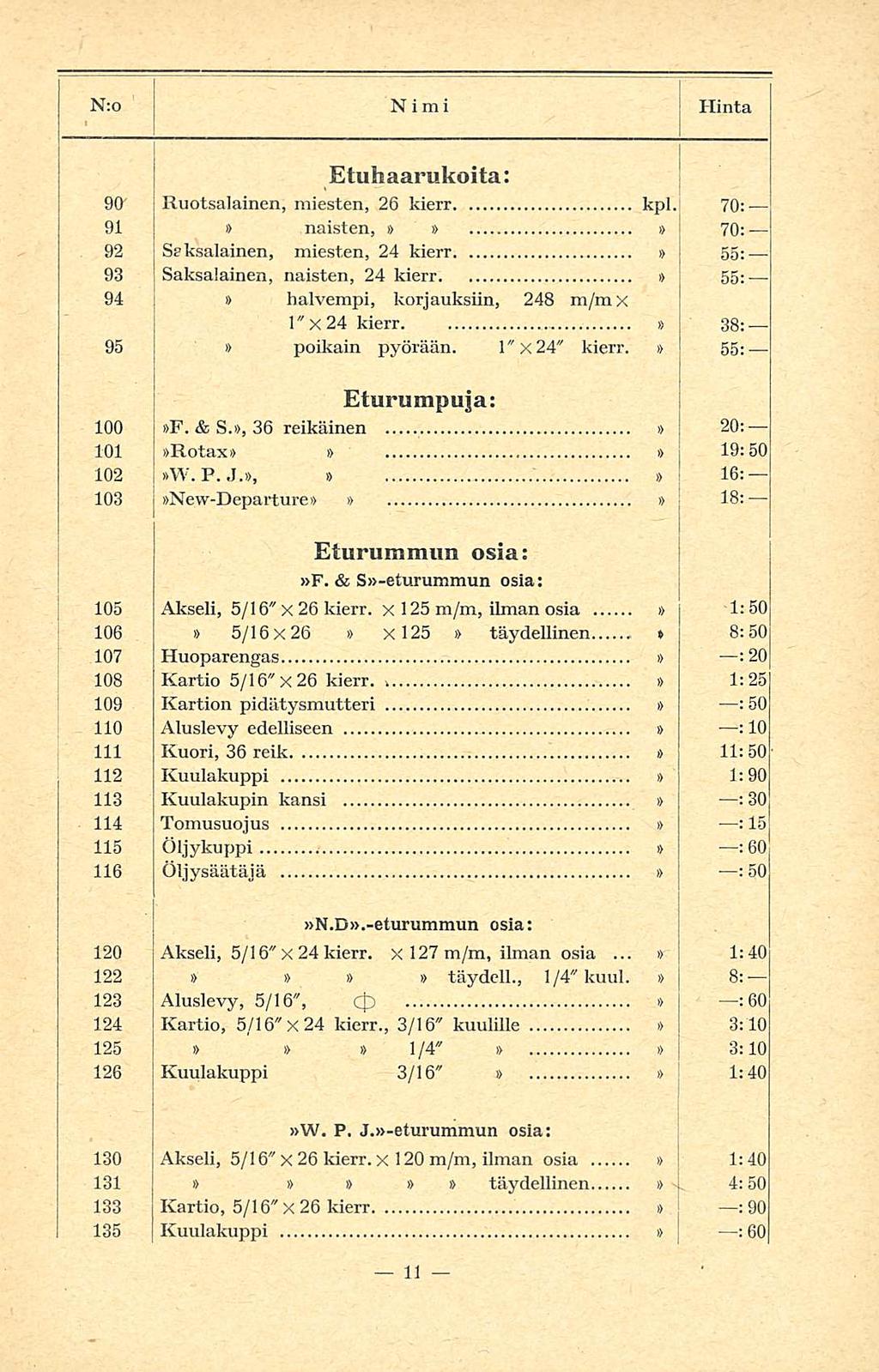 Nimi i N:o Hinta ' Etuhaarukoita: 90 Ruotsalainen, miesten, 26 kierr kpl.