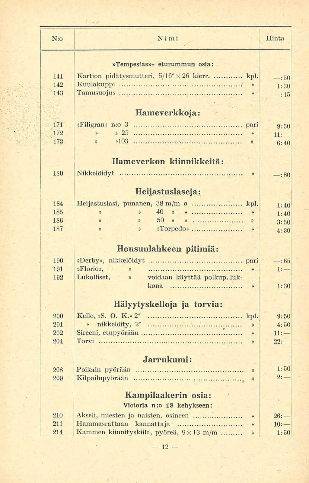 kpl. i N:o [ Nimi Hinta i ' Tempestas- eturummun osia: 4 Kartion pidätysmutteri, 5/6" x26 kierr kpl. sq 42 Kuulakuppi.../ 4.39. 43 Tomusuojus ig Hameverkkoja: 7 Filigran nro 3 pari 9. 50.