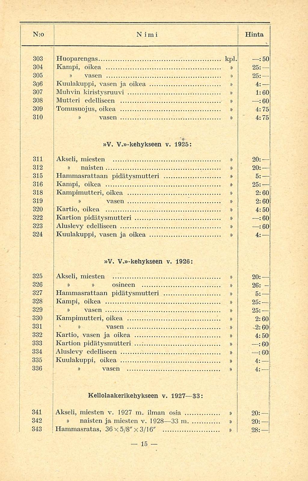 Nimi : N:o j Hinta 303 Huoparengas kpl.