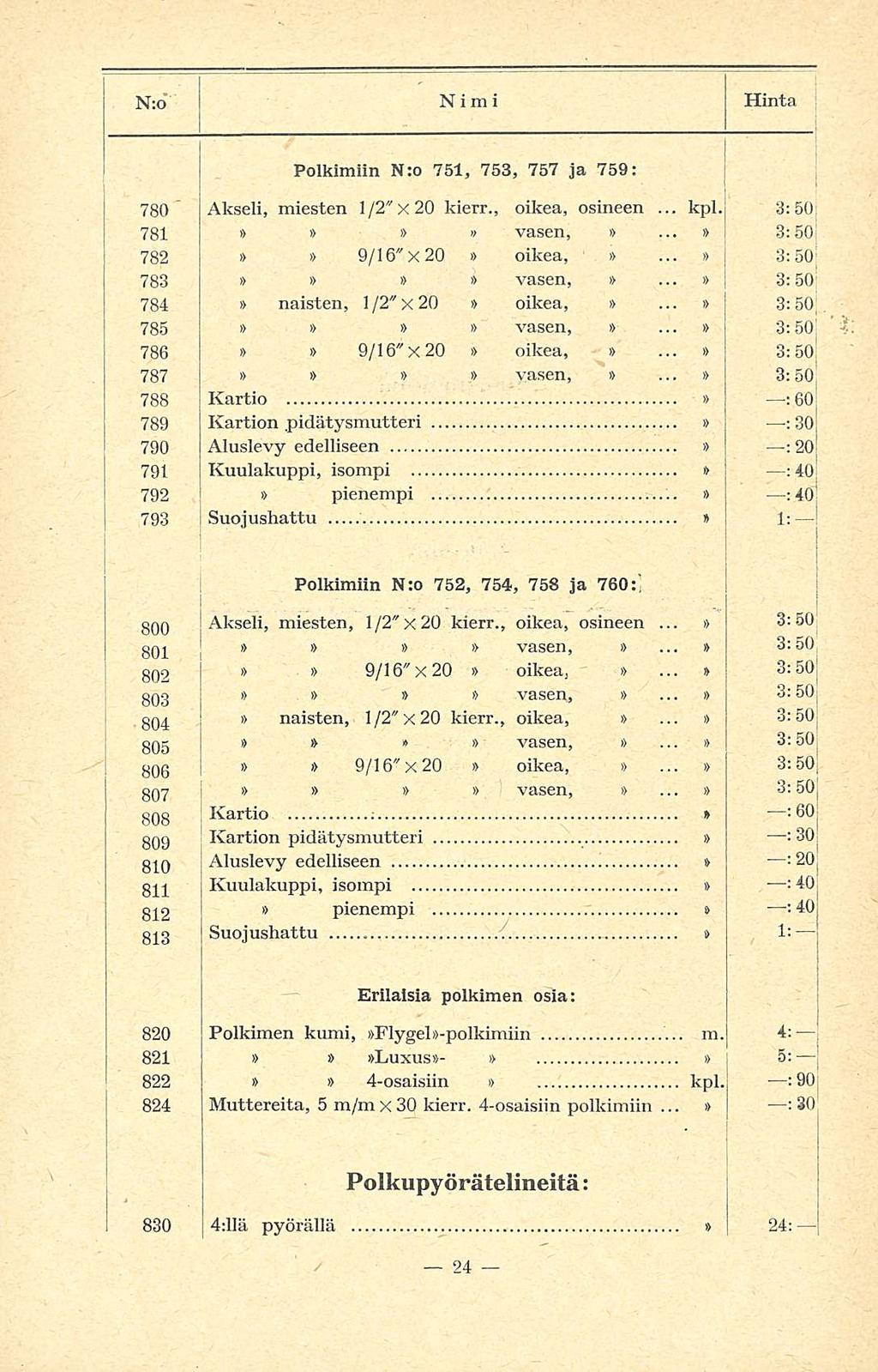 Nimi Kartio kpl....... N:o I Hinta Poikimiin N:o 75, 753, 757 ja 759:... 780 Akseli, miesten l/2"x20 kierr., oikea, osineen 3:50; 78 vasen, 3:50;... 782 oikea, 9/6"X 20 3:50; 783 vasen,.