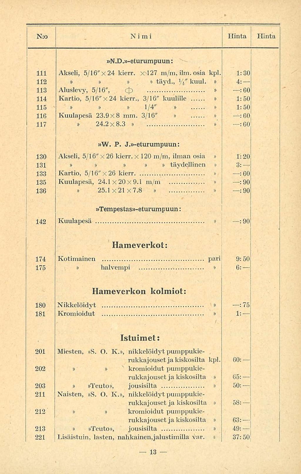 Lisäistuin, N:o Nimi Hinta, Hinta N.D.-eturumpuun: Akseli, 5/6" X 24 kierr. x 27, ilm. osia kpl. :30 2 täyd., %" kuul. 4: 3 Aluslevy, 5/6", c]d : 60 4 Kartio, 5/6" x 24 kierr.