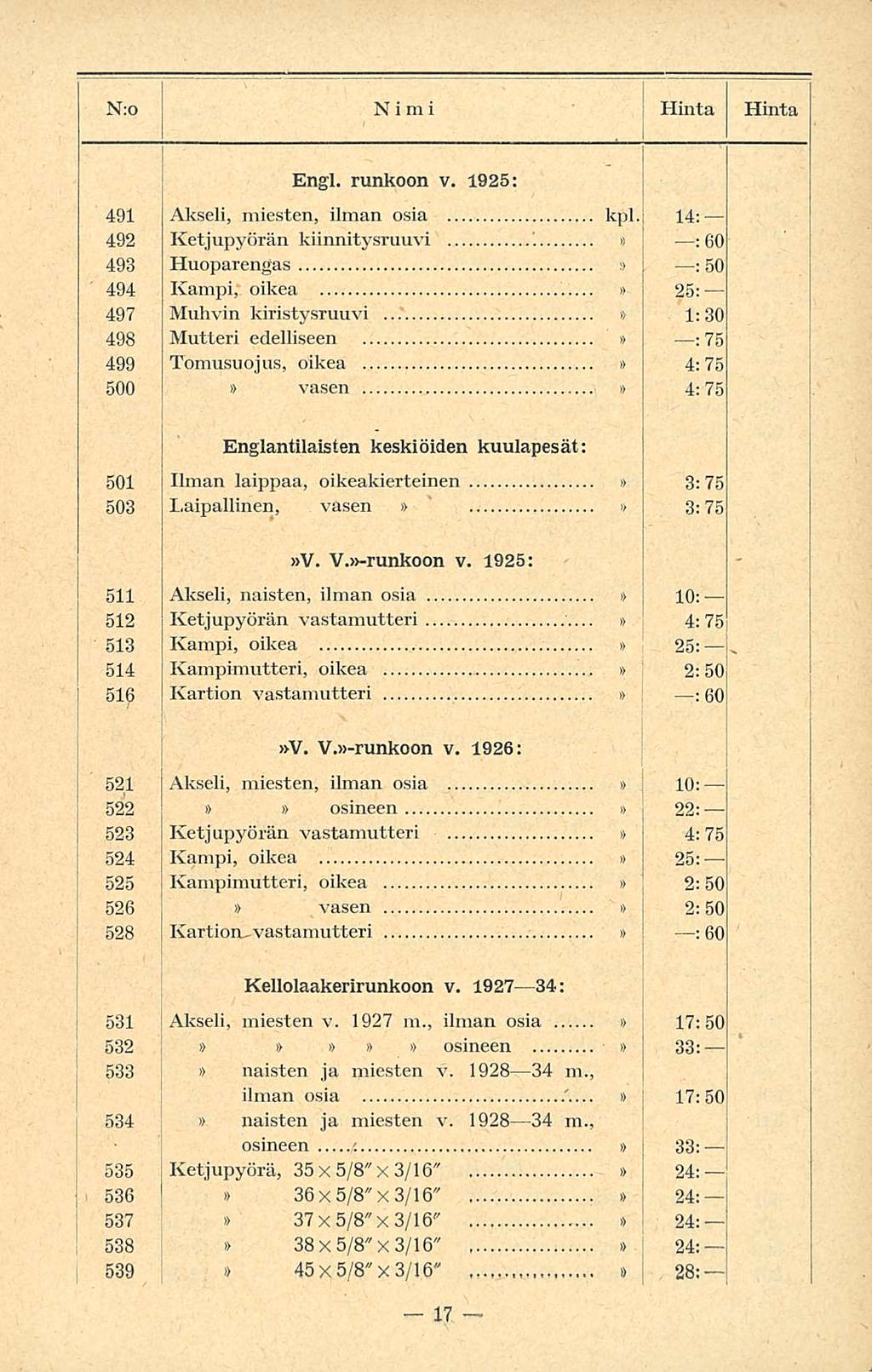 Nro Nimi j Hinta Hinta Engl. runkoon v. 925: 4:75 49 Akseli, miesten, ilman osia kpl.