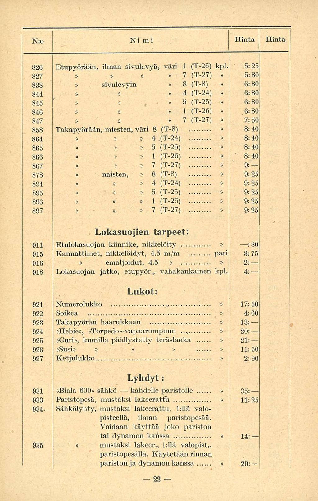 ' N :0 Nimi Hinta Hinta 826 Etupyörään, ilman sivulevyä, väri (T-26) kpl.