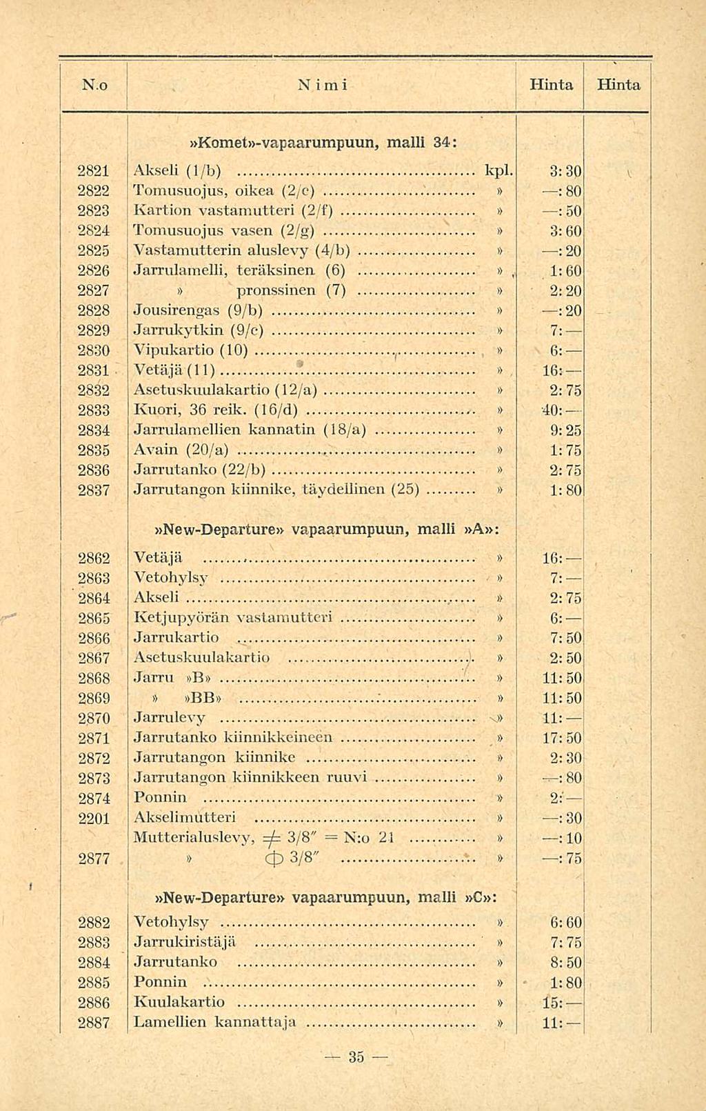 N:o N.o Nimi Hinta Hinta Komet-vapaarumpuun, malli 34: 282 Akseli (/b) kpl.