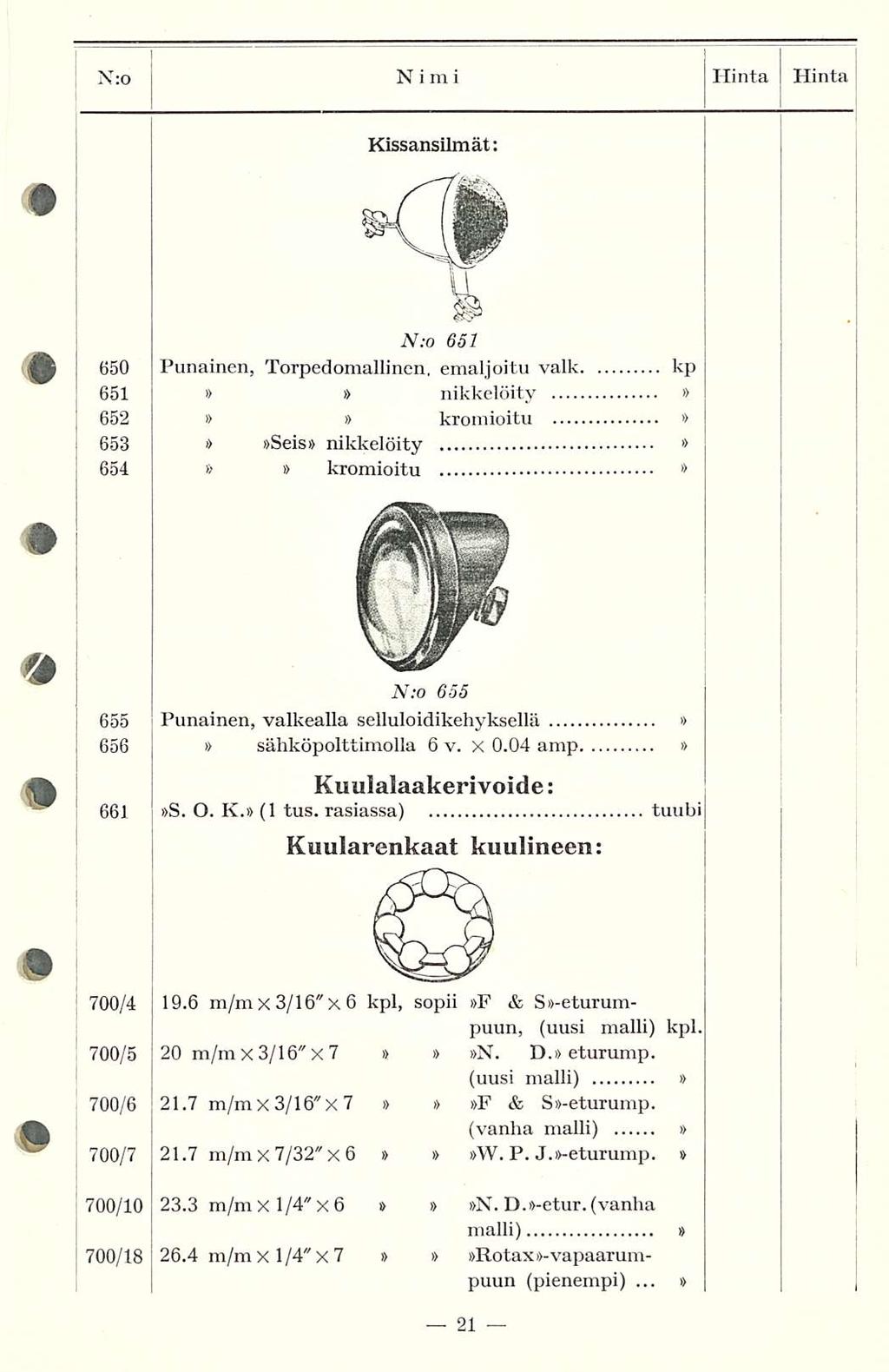 Hinta N:o NIMI Hinta Kissansilmät: N:o 651 650 Punainen, Torpedomallinen, emaljoitu valk kp 651 nikkelöity 652 kromioitu 653 Seis nikkelöity 654 kromioitu * JV;o 655 655 Punainen, valkealla