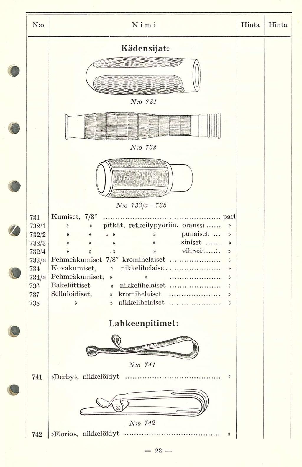 N:o N i rn i Hinta Hinta Kädensijat: N:o 731 N:o 732 N:o 733/a 73B 731 Kumiset, 7/8" pari 732/1 pitkät, retkeilypyöriin, oranssi... 732/2 punaiset 732/3 siniset 732/4 vihreät...'.