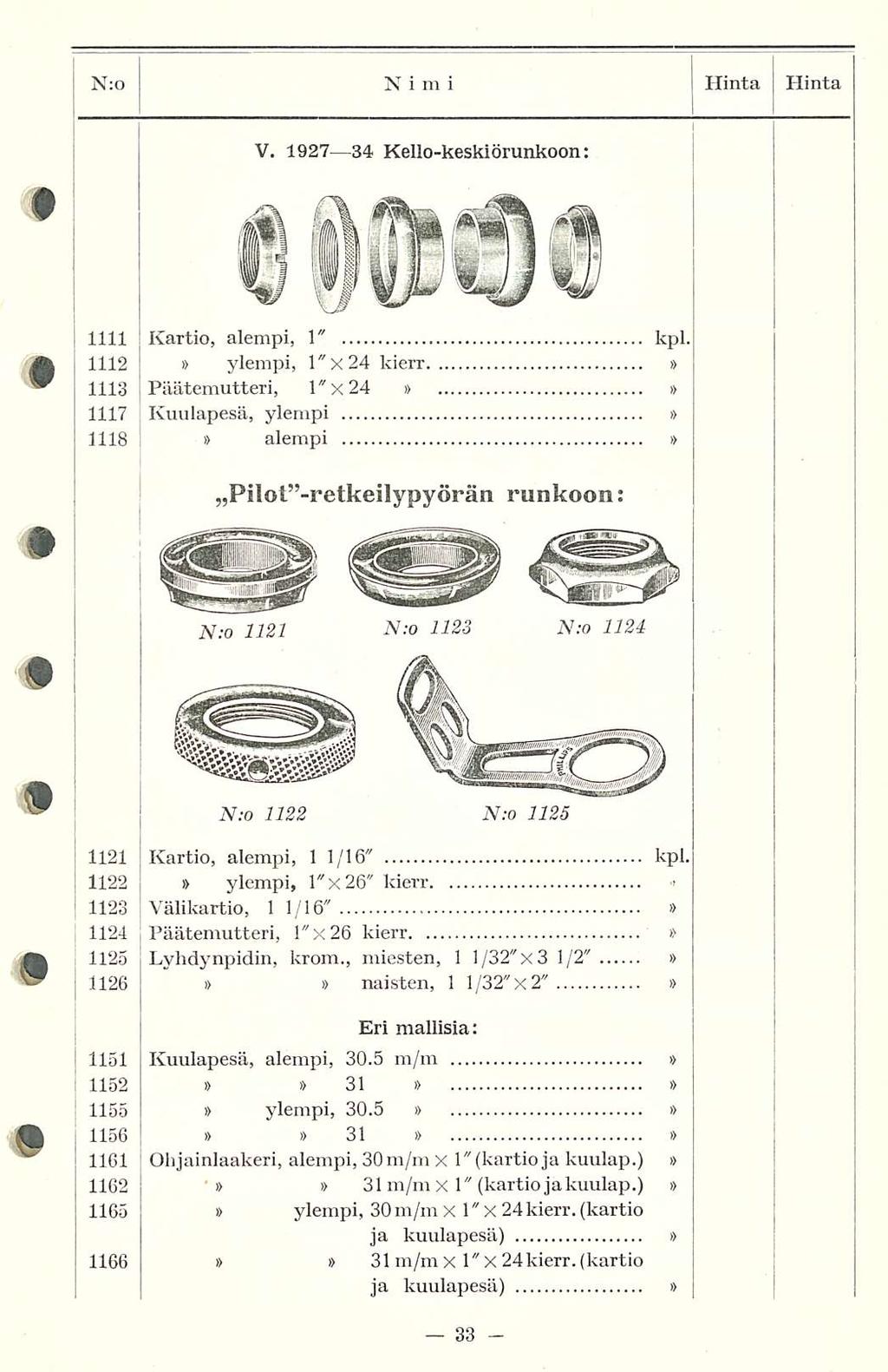 N:o Ni m i Hinta Hinta V. 1927 34 Kello-keskiörunkoon: 1111 Kartio, alempi, 1" kpl.