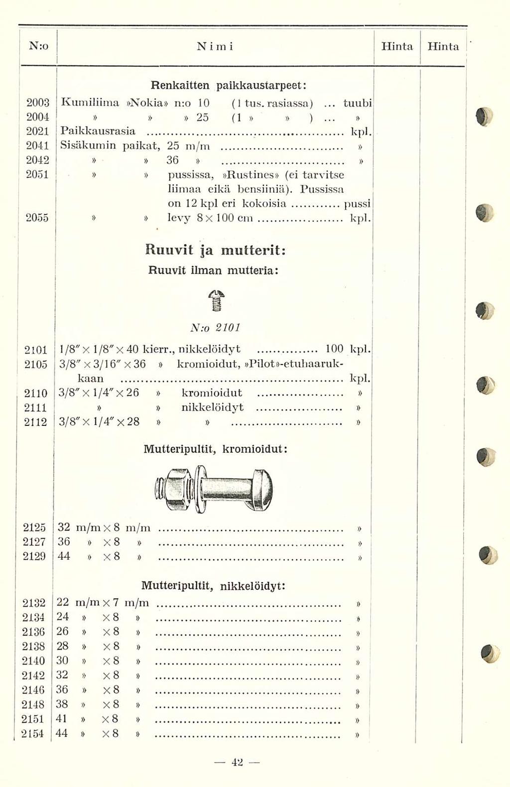 N:o N i rn i Hinta Hinta Renkaitten paikkaustarpeet:... 2003 Kumiliima Nokia n:o 10 (1 tus. rasiassa) 2004... 25 (1 ) tuubi 2021 Paikkausrasia kpl.