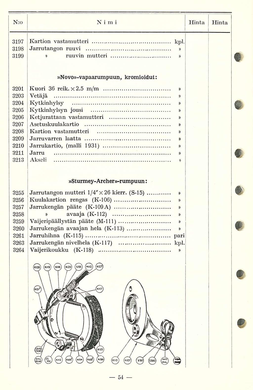 N:o Nimi Hinta i Hinta 3197 Kartion vastamutteri kpl, 3198 Jarrutangon ruuvi i> 3199 ruuvin mutteri Novo-vapaarumpuun, kromioidut: 3201 Kuori 36 reik. x 2.